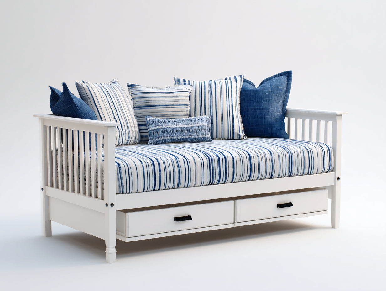 Canapé lit - Bois-Tissu - 220 x 100 x 90 cm - Blanc - Style côtier avec rangement intégré