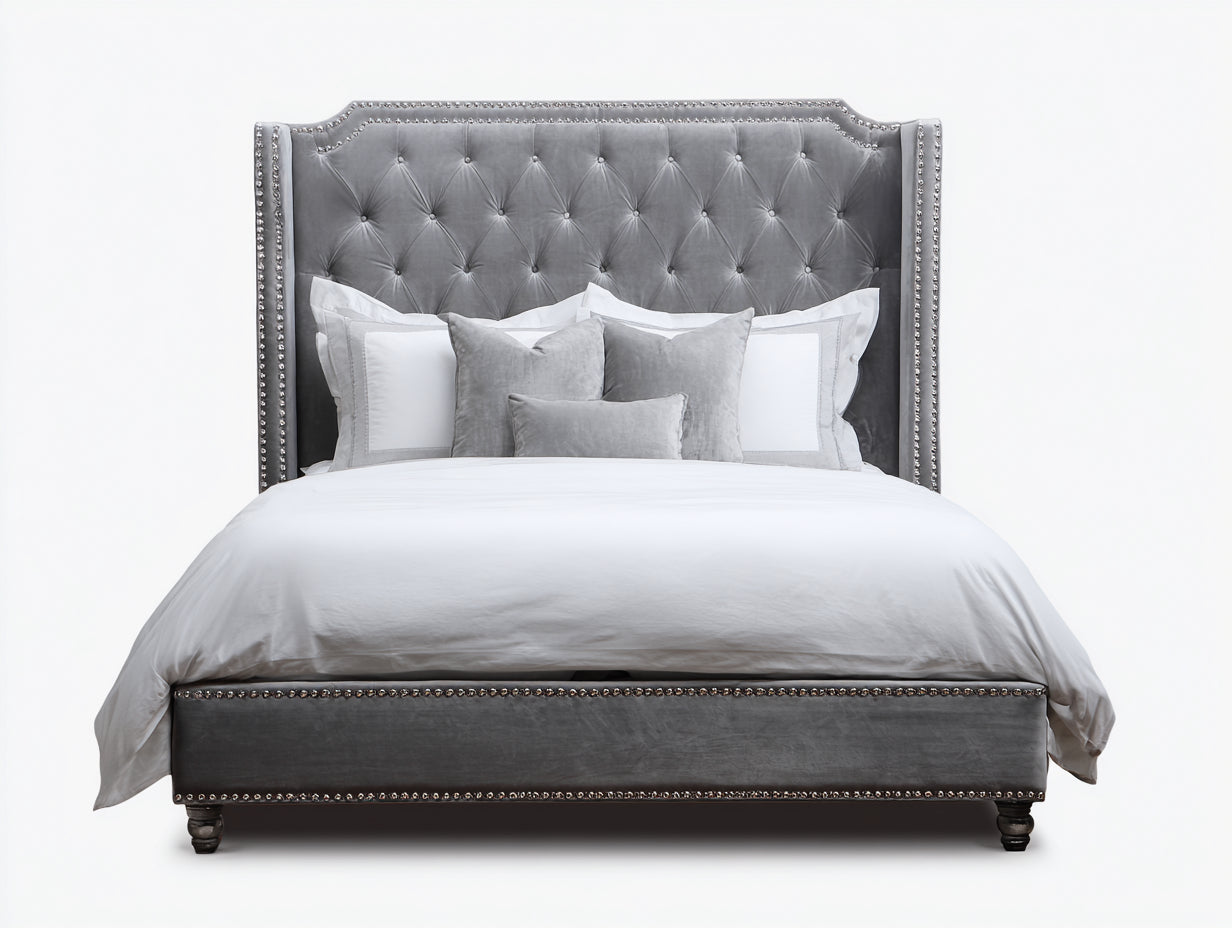 Lit double - Velours - 220 x 180 x 130 cm - Gris - Style classique