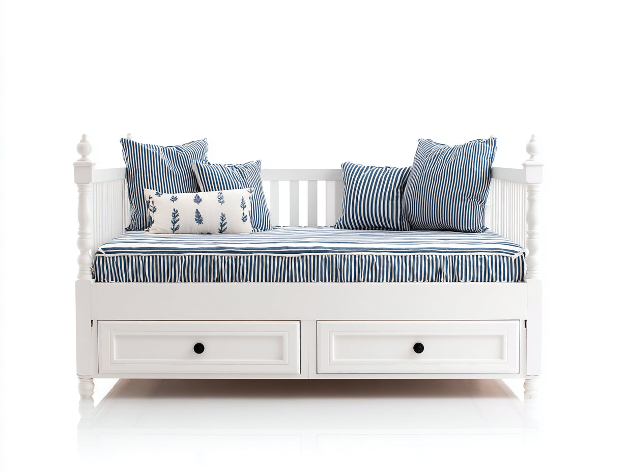Canapé lit - Bois-Tissu - 220 x 100 x 95 cm - Blanc - Style côtier avec rangement intégré