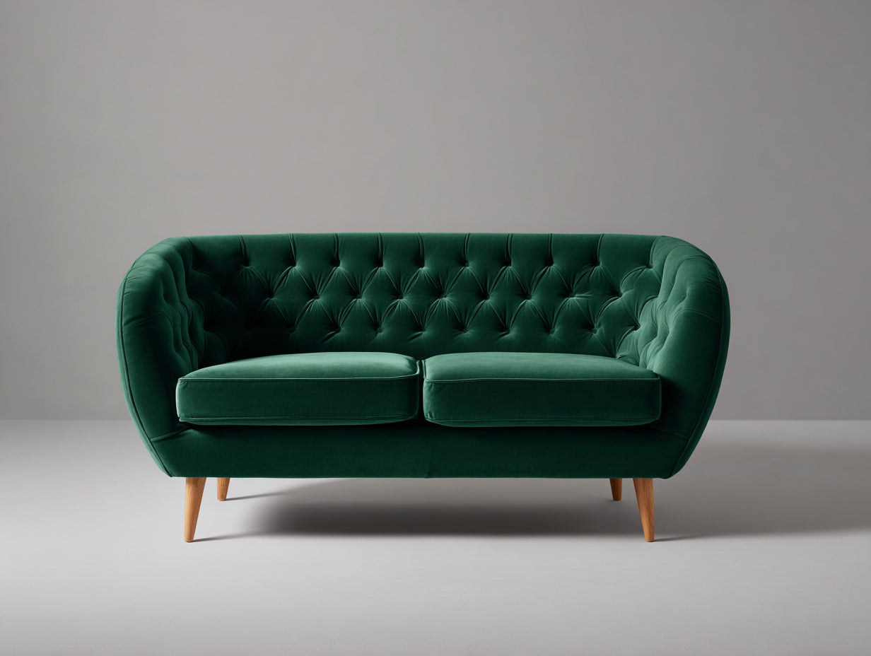 Canapé 2 places - Velours - Bois - 170 x 85 x 78 cm - Vert émeraude - Style Chesterfield moderne