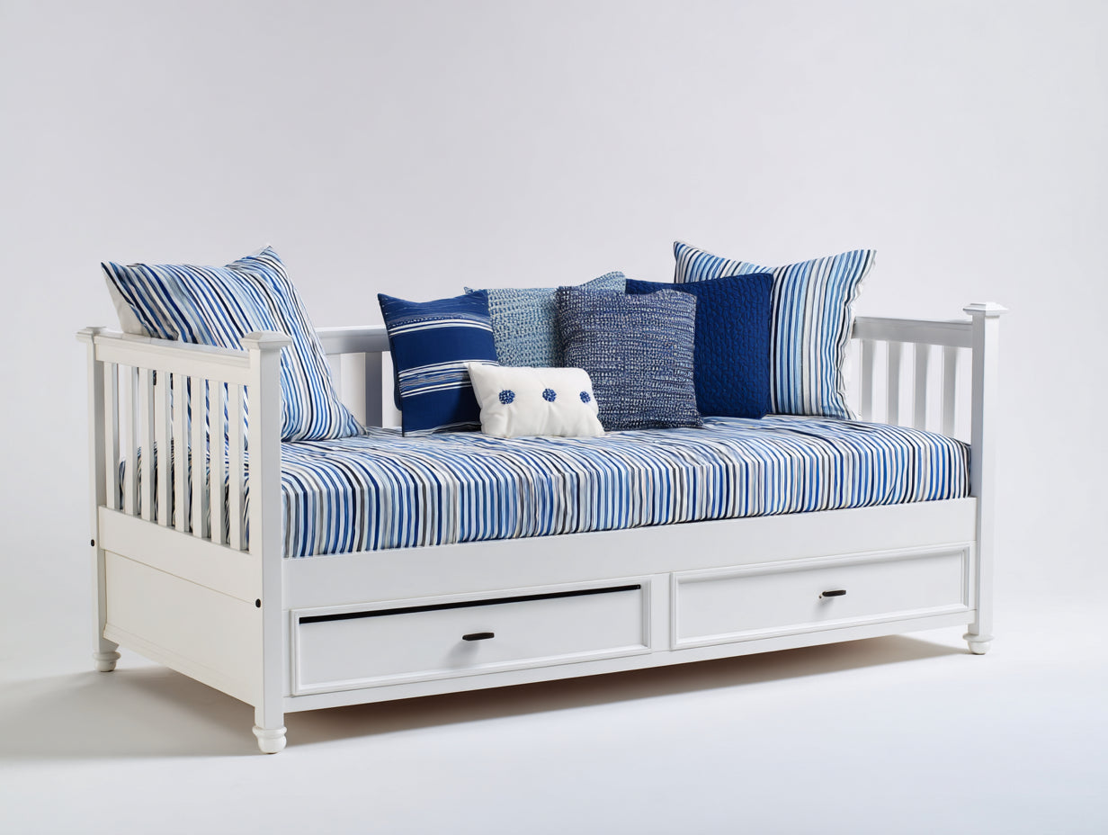 Canapé lit - Bois-Tissu - 210 x 95 x 90 cm - Blanc - Style côtier avec rangement intégré