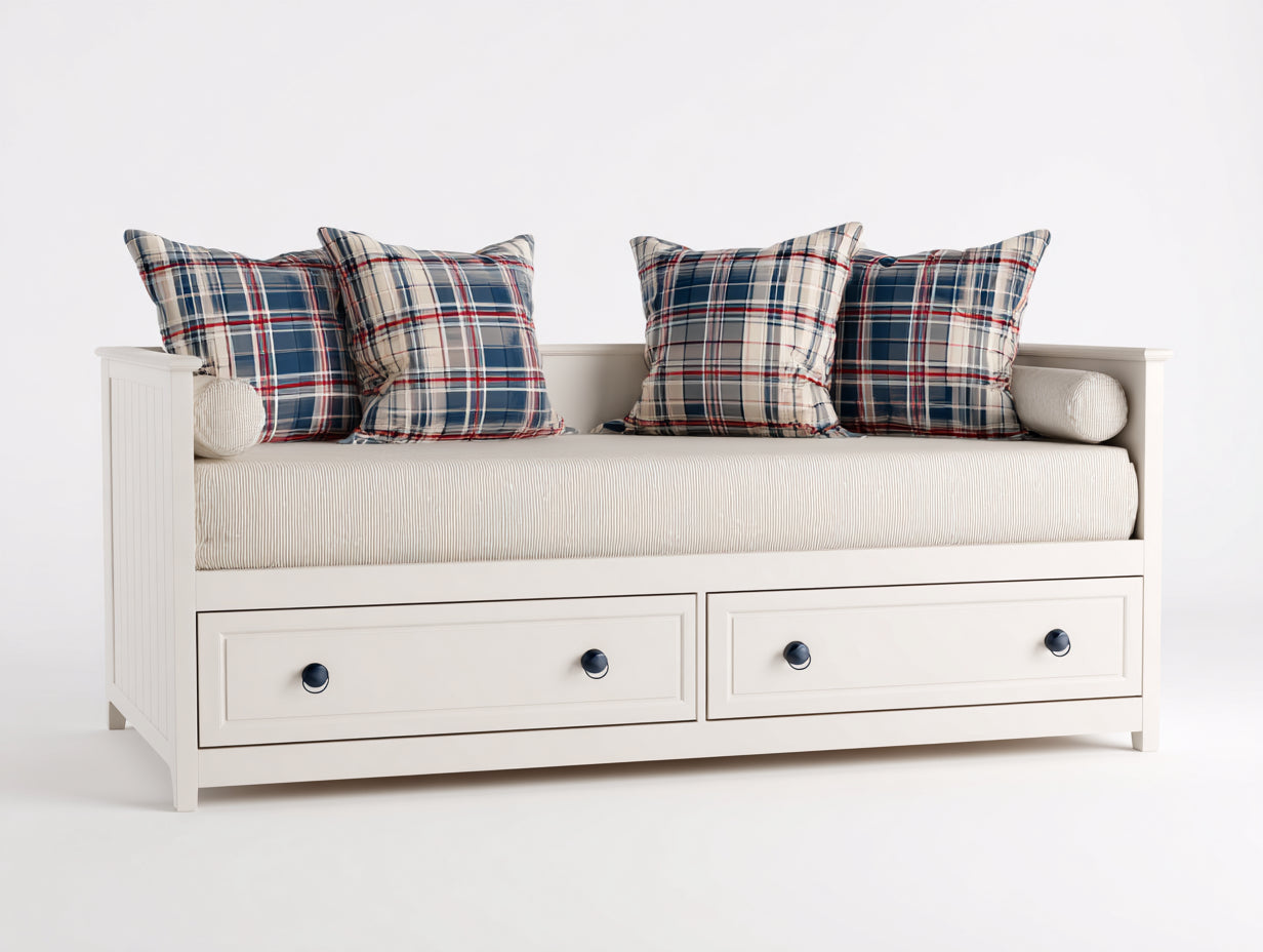 Canapé lit - Bois-Tissu - 215 x 100 x 90 cm - Blanc - Style classique avec rangement intégré